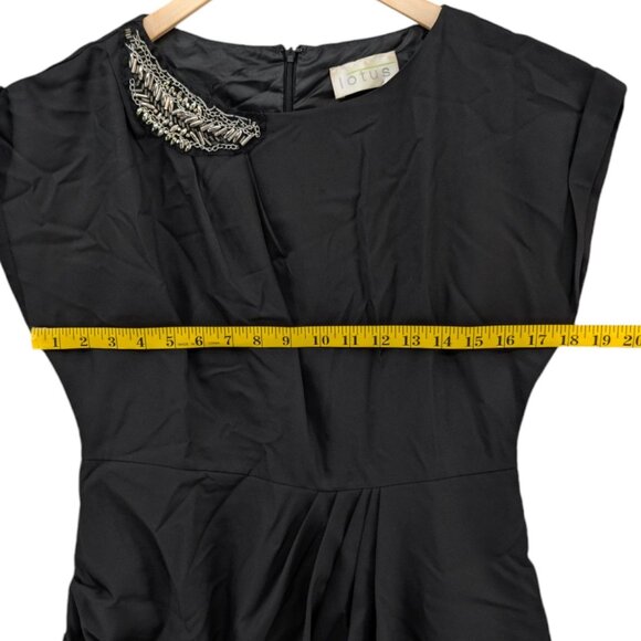 Lotus Ruched Mini Dress Black Beaded Neck Cap Sleeve Pleated Size L - Picture 8 of 13